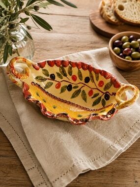 Italica Ars Deruta Italy Hand Painted Olive Vine Ruffled Bowl Handles